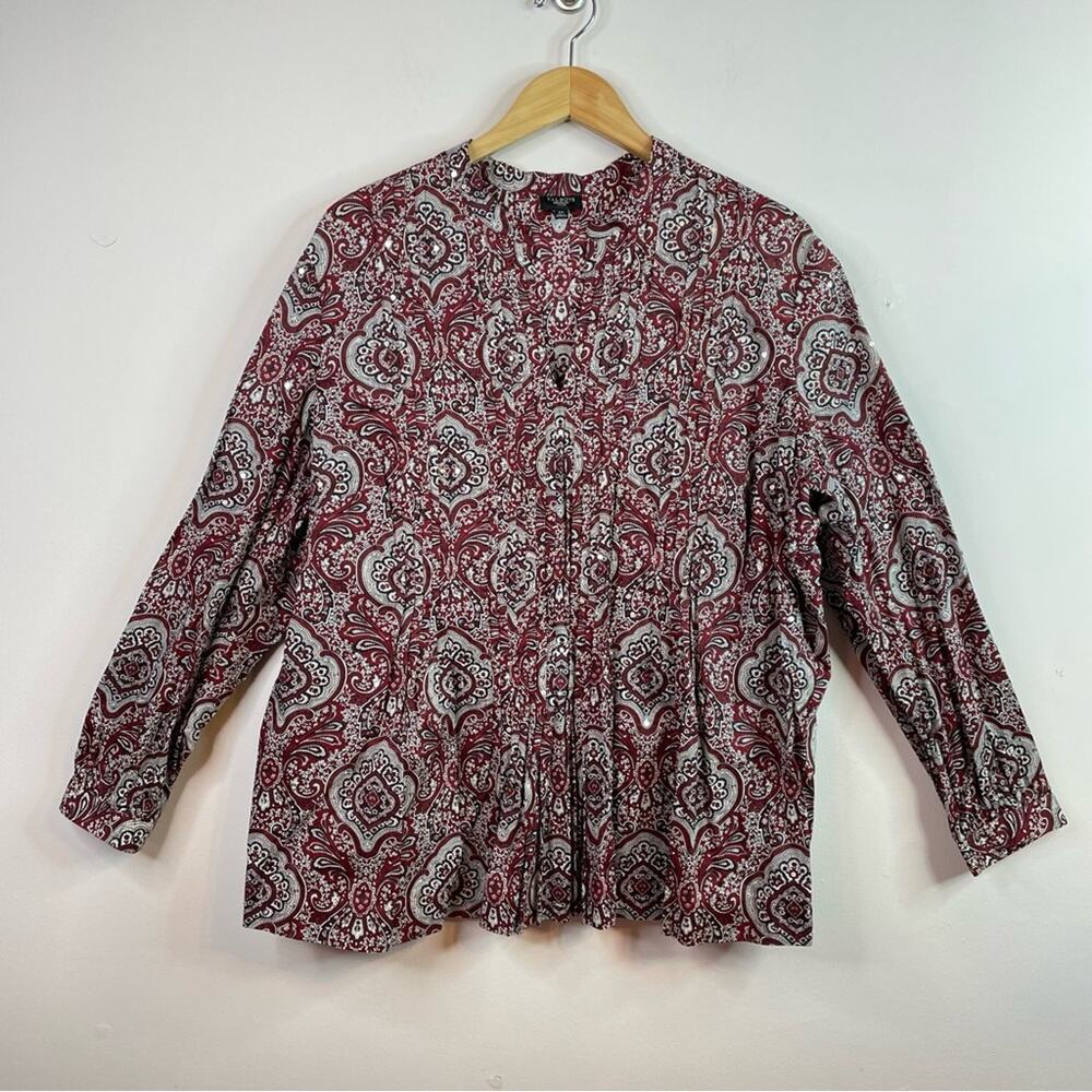 Talbots Burgundy Red Black Pintuck Cotton Lightweight Sequin Tunic Top Blouse 2X